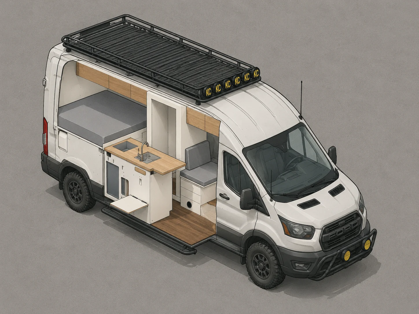 Cutaway illustration of a custom Ready.Set.Van. build showing cabinetry, shower, mechanical, electrical, and exterior upfit areas